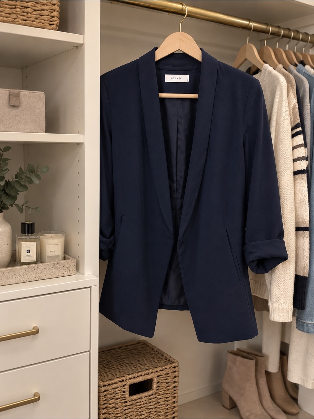 Mod Ref Dark Navy Shawl-Collar Blazer with Rolled Sleeves